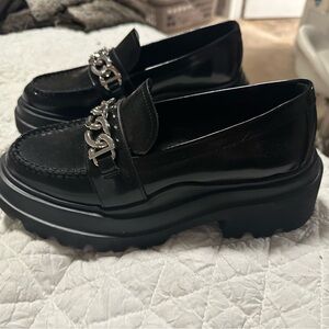 GH Bass chunky Black Loafers with Silver Chain Detail